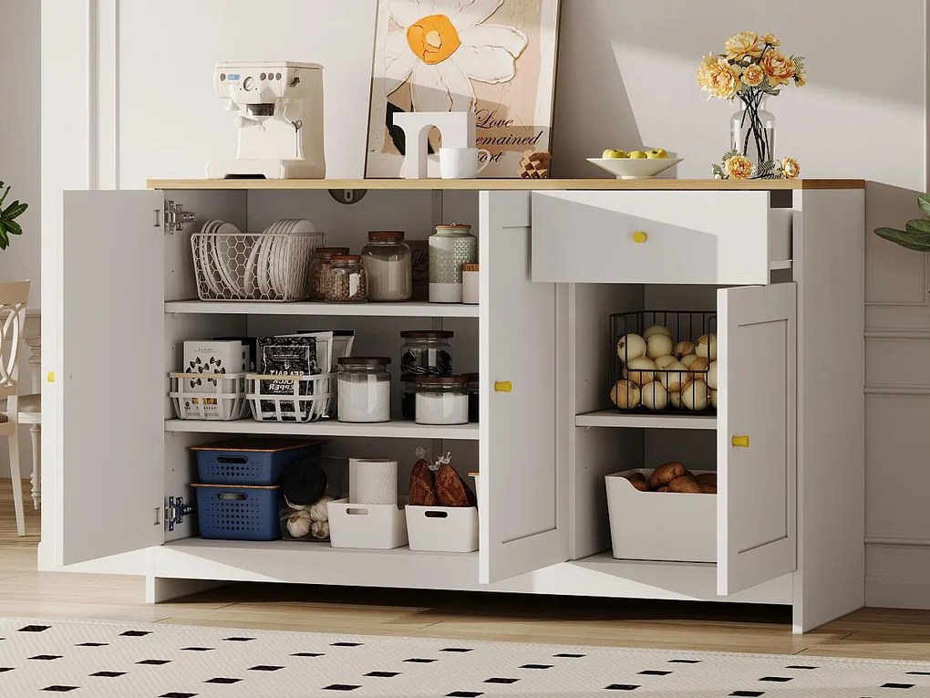 Nowoczesny kredens 120x40x75cm - z 3 drzwiami i 1 szufladą - blat z imitacją drewna - MDF + płyta wiórowa - Biały + Naturalny