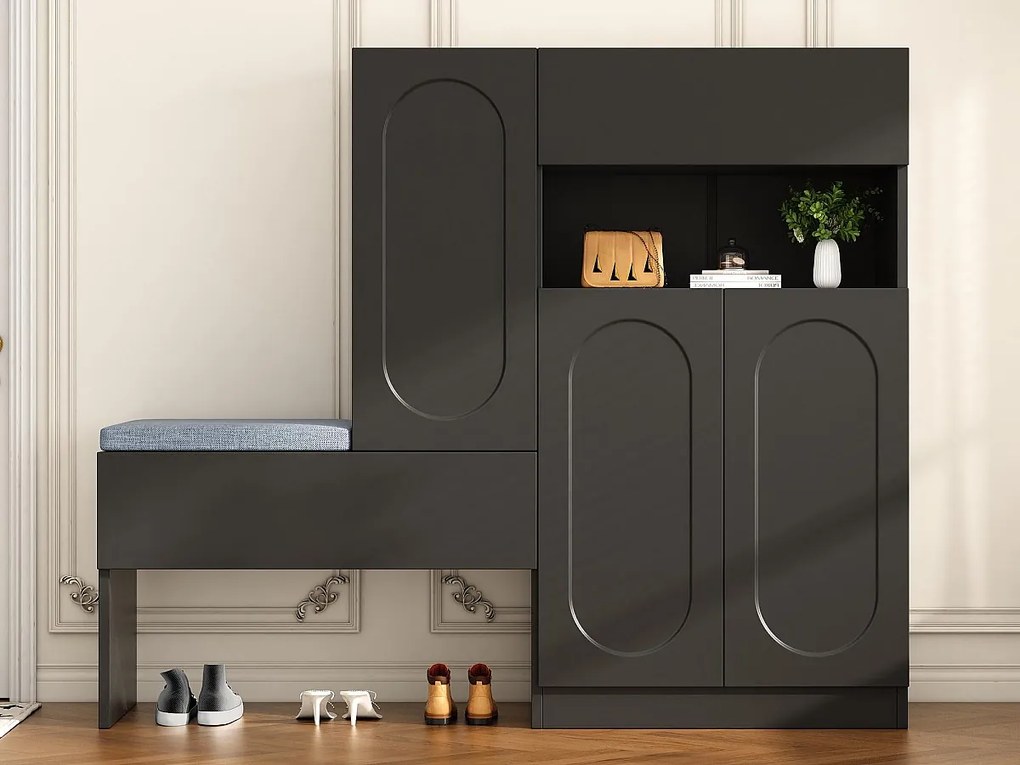 Wielofunkcyjna szafka na buty - z tapicerowanym siedziskiem - z 4 drzwiami i 1 szufladą - Czarna