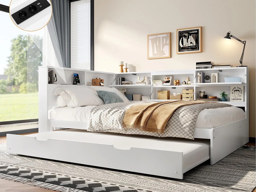 Sofa z łóżkiem 140×200 cm - z USB + Type-C - ze schowkiem - z łóżkiem wysuwanym - biała (materac nie jest zawarty)