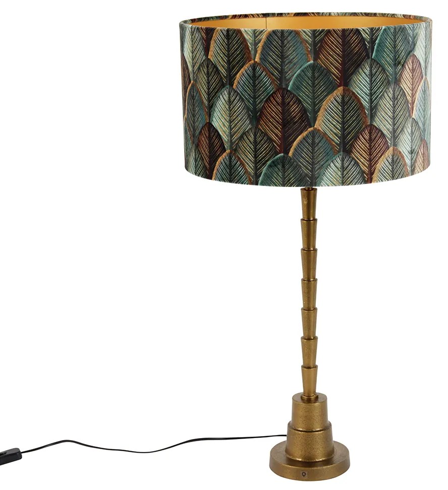 Lampa stołowa brązowa z aksamitnym abażurem w designie liści i złotym wnętrzem - Pisos