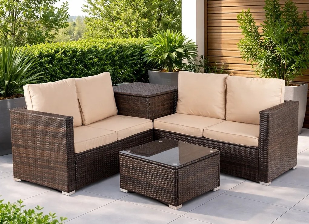 Zestaw mebli ogrodowych Savero, narożnik modułowy ze skrzynią, brązowy technorattan, poduszki beż