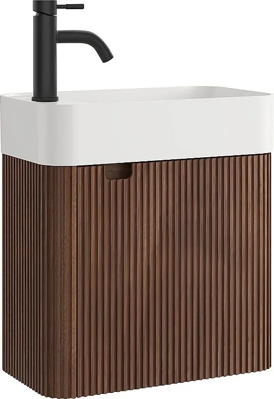 Wisząca szafka pod umywalkę z prążkowanego drewna jesionowego z umywalką podblatową i baterią - Ciemny naturalny - 45 x 25 x 48 cm - JONSA