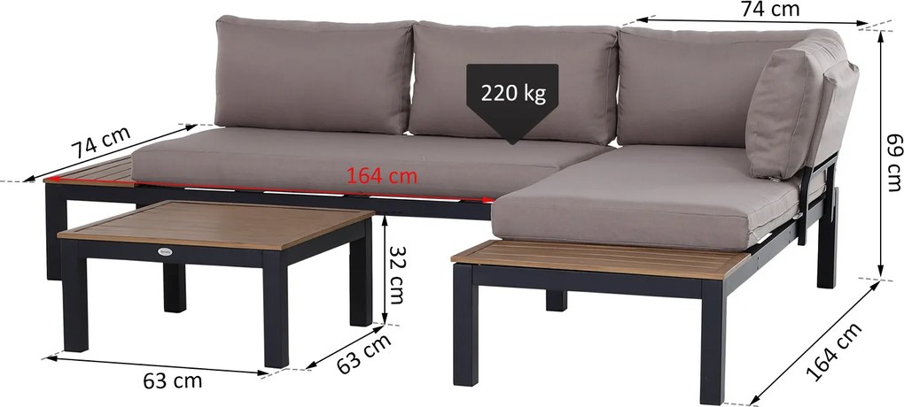 Sofa ogrodowa dwuosobowa 3-częściowy zestaw mebli ogrodowych aluminium z poduskami - Sofa ogrodowa dwuosobowa aluminium | Aosom PL