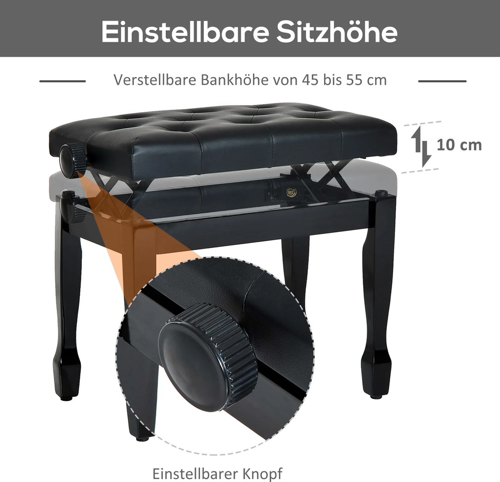 HOMCOM Stołek do Fortepianu Czarny Regulowana Wysokość Lite Drewno Sztuczna Skóra 64x35x45-55cm | Aosom PL