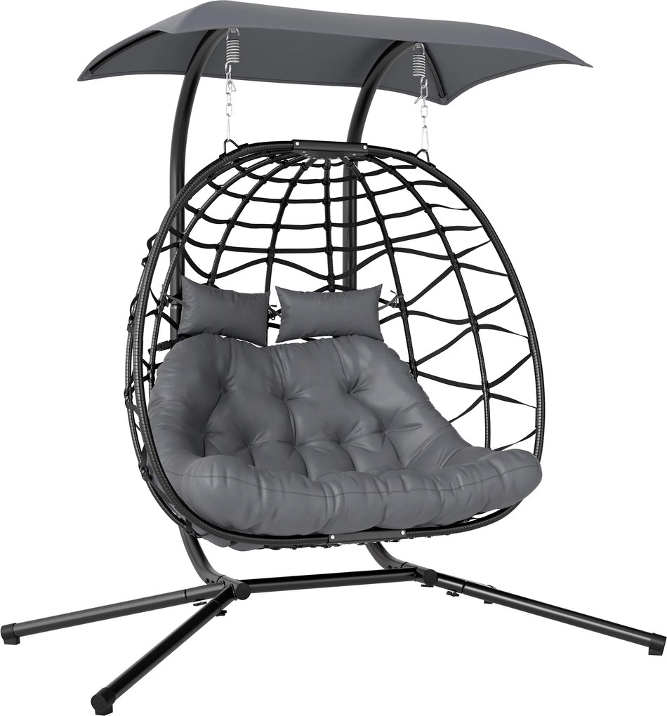 Outsunny Wiszący Fotel, Składany Fotel z Rattanu z Poduszką, Stelaż ze Stali, Baldachim, Odporny do 260 kg, Ciemnoszary