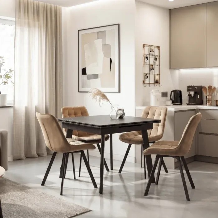 Stół Rozkładany Kwadratowy LARES 90-150 cm Ceramiczny Czarny Marmur/Czarny Loft