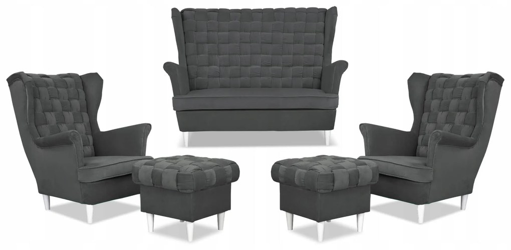 Zestaw wypoczynkowy Carol sofa fotele pufy paski Family Meble grafitowy