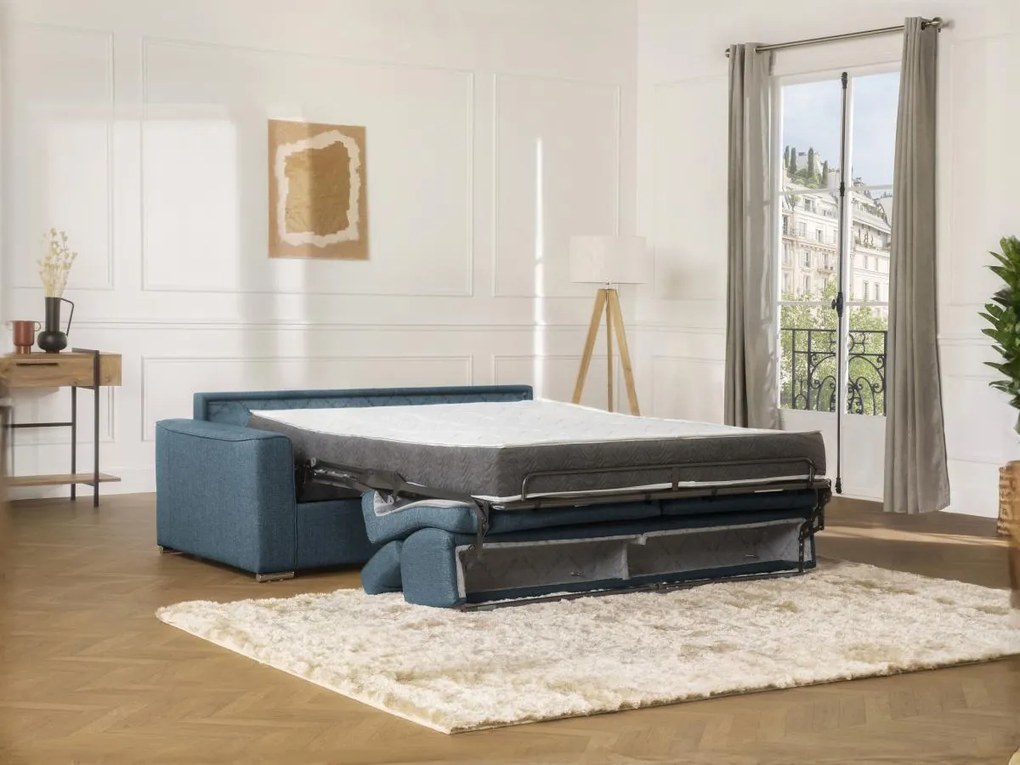 Kanapa 2-osobowa z ekspresowym mechanizmem rozkładania z tkaniny VIZIR - Kolor: niebieski - Miejsce do spania: 120 cm - Materac 22 cm