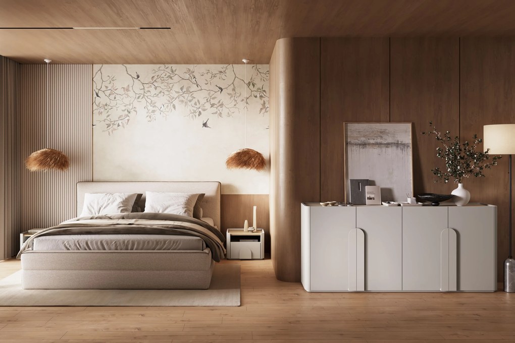 Komoda Amilio 200 cm czterodrzwiowa - kaszmir / dąb olejowany / uchwyty kaszmir