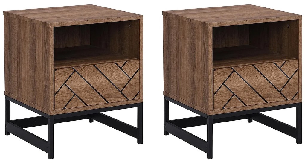 Zestaw 2 szafek nocnych z 1 szufladą i 1 wnęką - płyta MDF i stal - Kolor: Naturalny i czarny - CARATANA