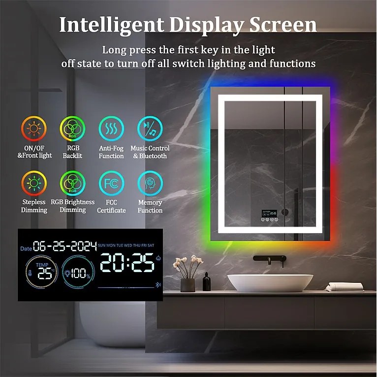 Lustro łazienkowe 90x70cm RGB i LED regulowane + przeciwmgielne + Bluetooth 5.2 + Zegar + 3 kolory 4 przyciski