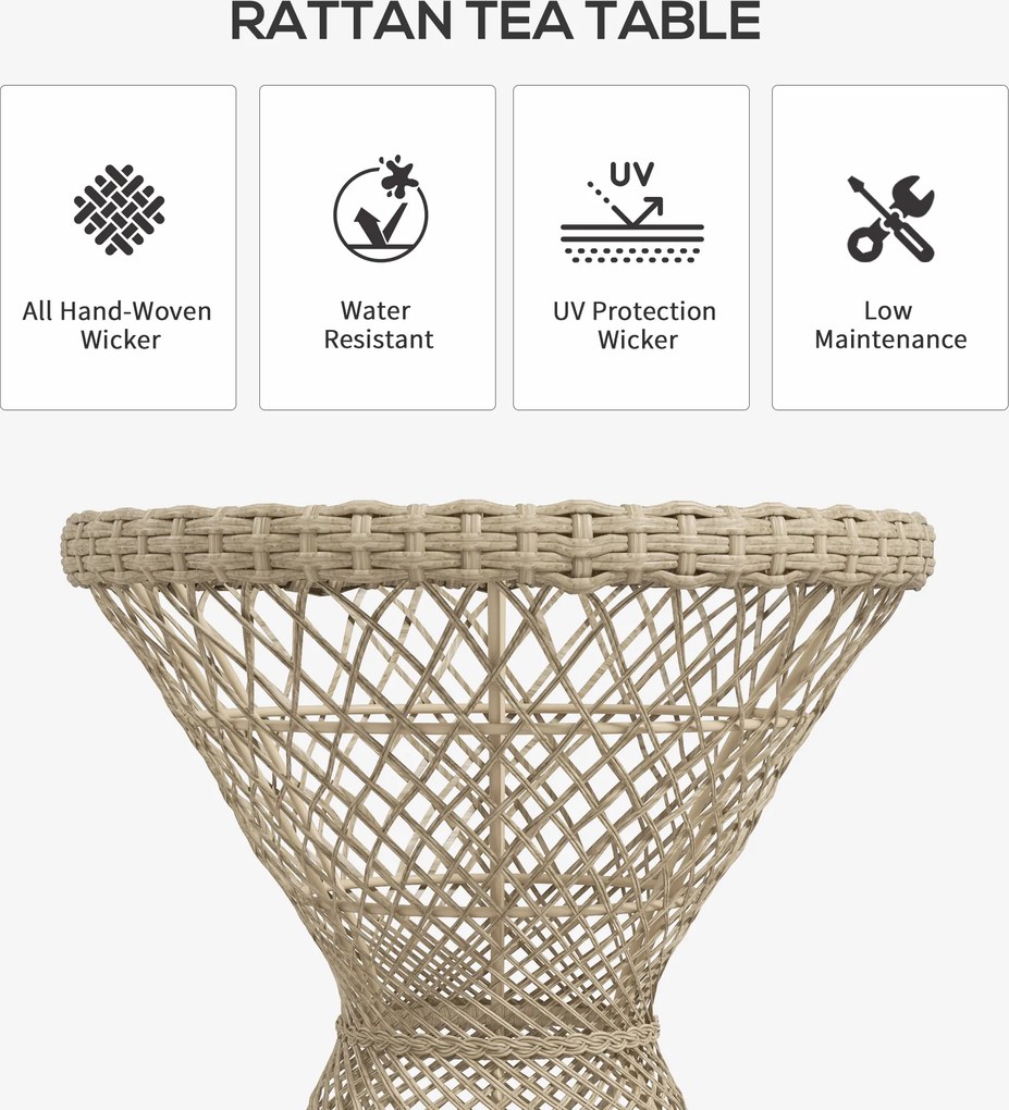 Outsunny Stolik kawowy Stolik boczny w stylu boho, blat ze szkła, polirotan, 45 cm x 45 cm x 52 cm, Naturalny