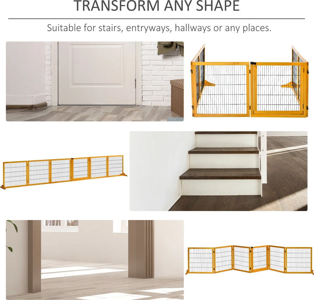 PawHut Wolnostojąca Drewniana Bramka dla Psa, Modułowa i Składana z 6 Paneli i 2 Podpor, Żółta