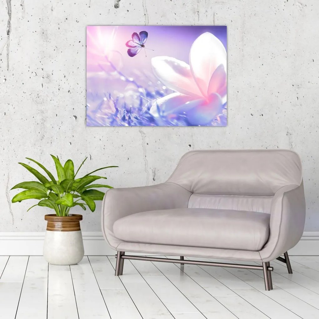 Obraz - Motyl lecący do kwiatu (70x50 cm)