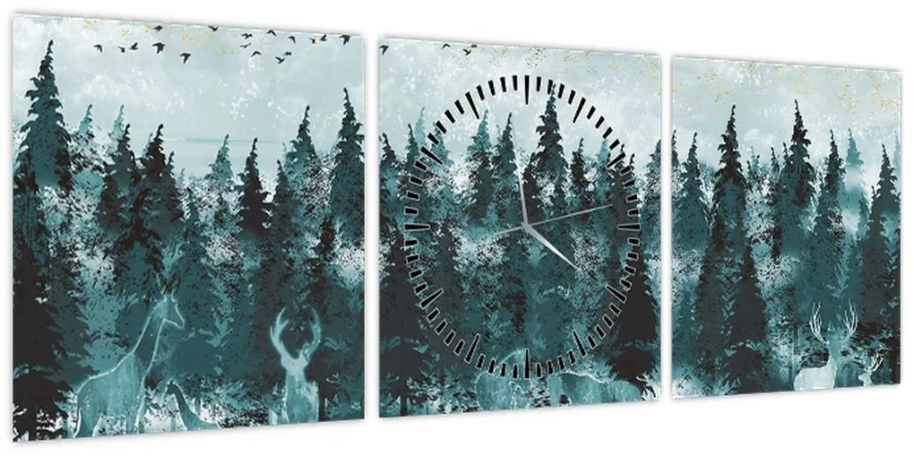 Obraz - Zwierzęta w lesie (z zegarem) (90x30 cm)