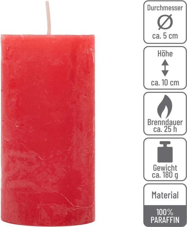 Zestaw świec rustykalnych, 10 cm, Ø 5 cm, czerwony, 16 szt.