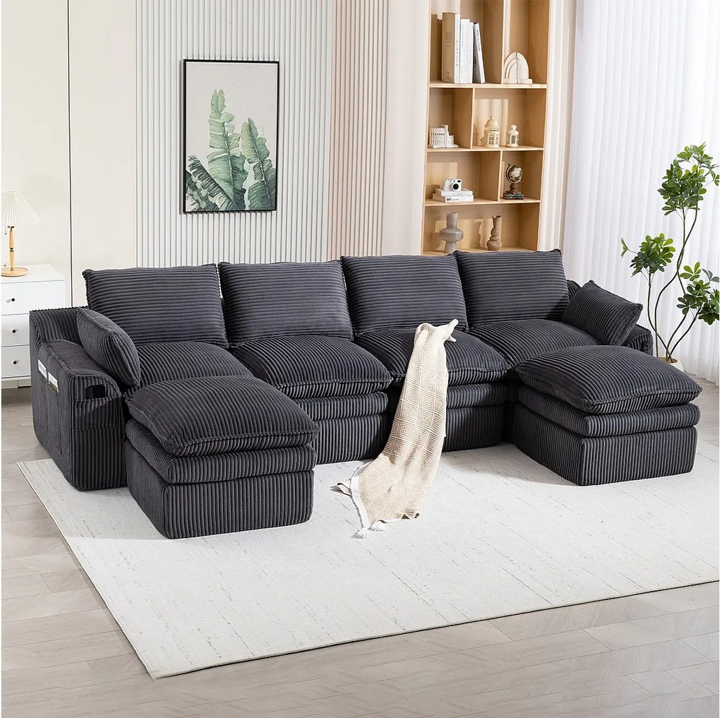 Modułowy zestaw wypoczynkowy z 4-osobową sofą z kordu - 335 x 167 x 85 cm - z 2 pufami + poduszkami + 2 kieszeniami - ciemnoszary