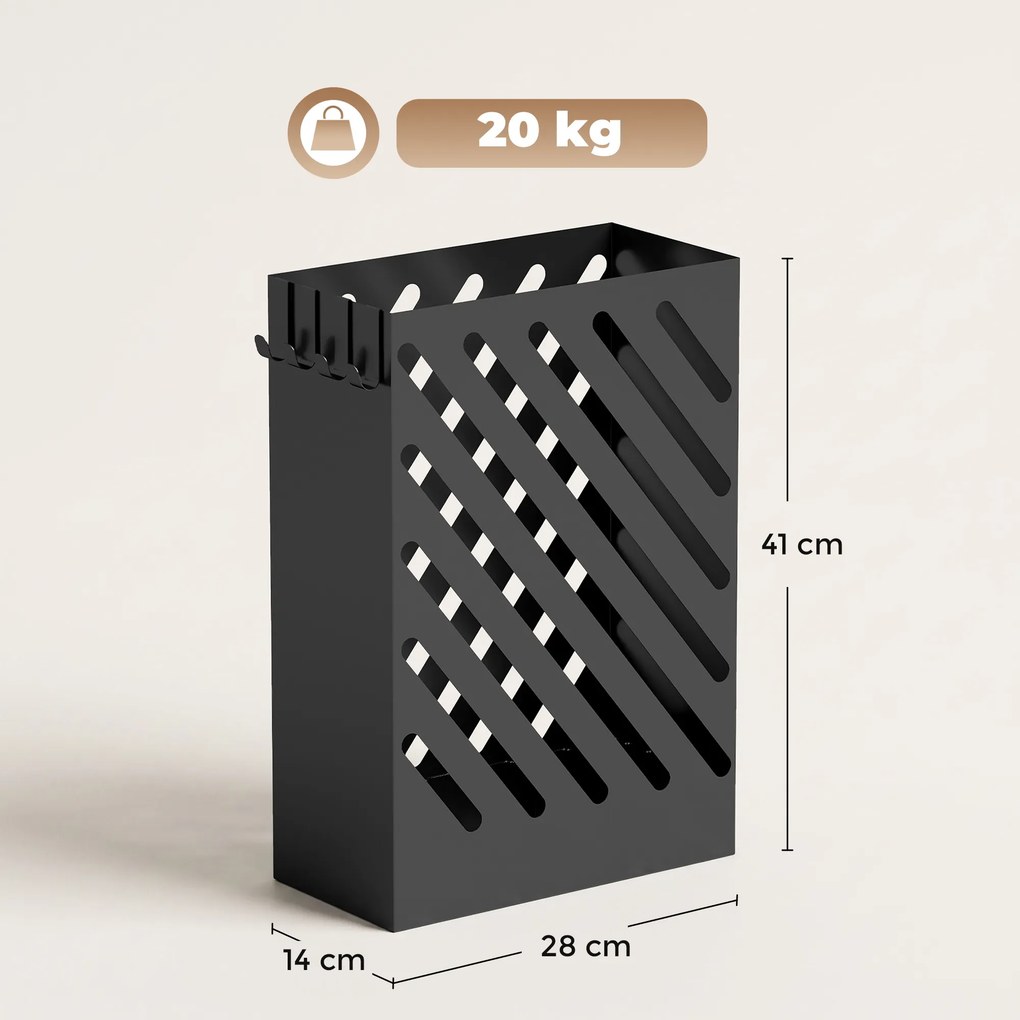 HOMCOM Stojak na parasole z miską ociekową, 4 haczyki, stal, 28D x 14S x 41W cm, Czarny | Aosom PL