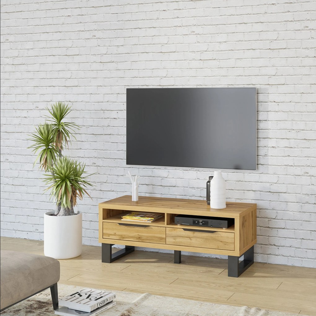 Szafka RTV stojąca HALENZA 124 cm do Salonu pod Telewizor 2 Szuflady - Dąb wotan