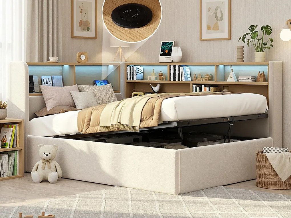 Tapicerowana sofa z łóżkiem 90x200cm - z oświetleniem LED i portem USB - z przegródkami do przechowywania - Tkanina welurowa - Beżowy