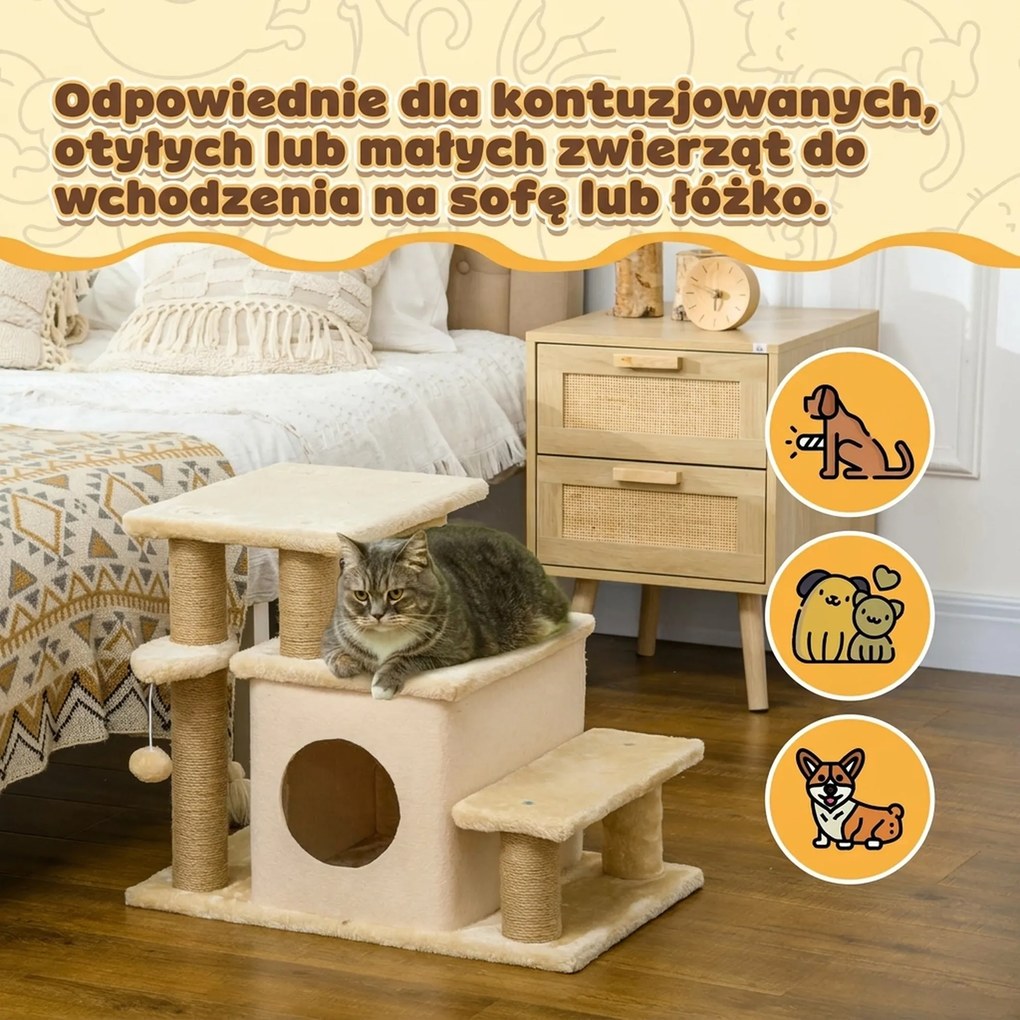 PawHut schody dla psa i kota beżowe lekkie schodki dla zwierząt domowych do łóżka i kanapy | Aosom PL