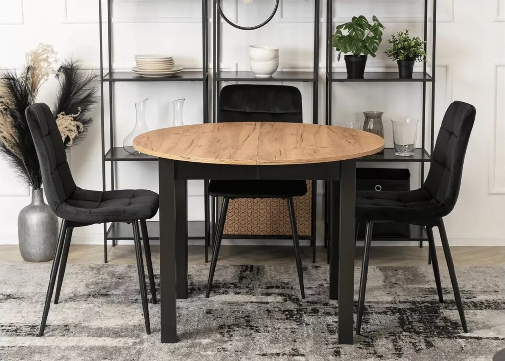 Okrągły stół rozkładany Hudson 102-222 cm w kolorze dąb craft / czarny, blat płyta laminowana, nogi MDF