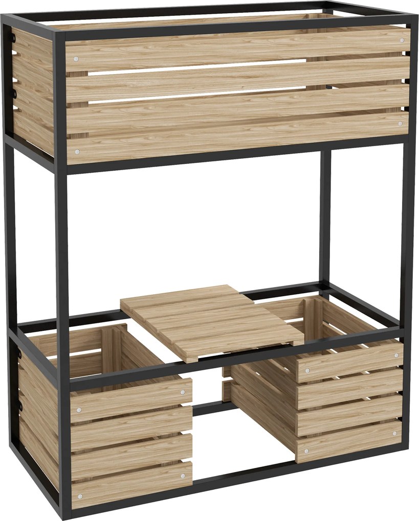 Outsunny Skrzynka na Kwiaty Podwyższony Grząd, Odporny na Warunki Atmosferyczne, 3 Skrzynki do Sadzenia, 83 cm x 39 cm x 100 cm, Naturalny + Czarny