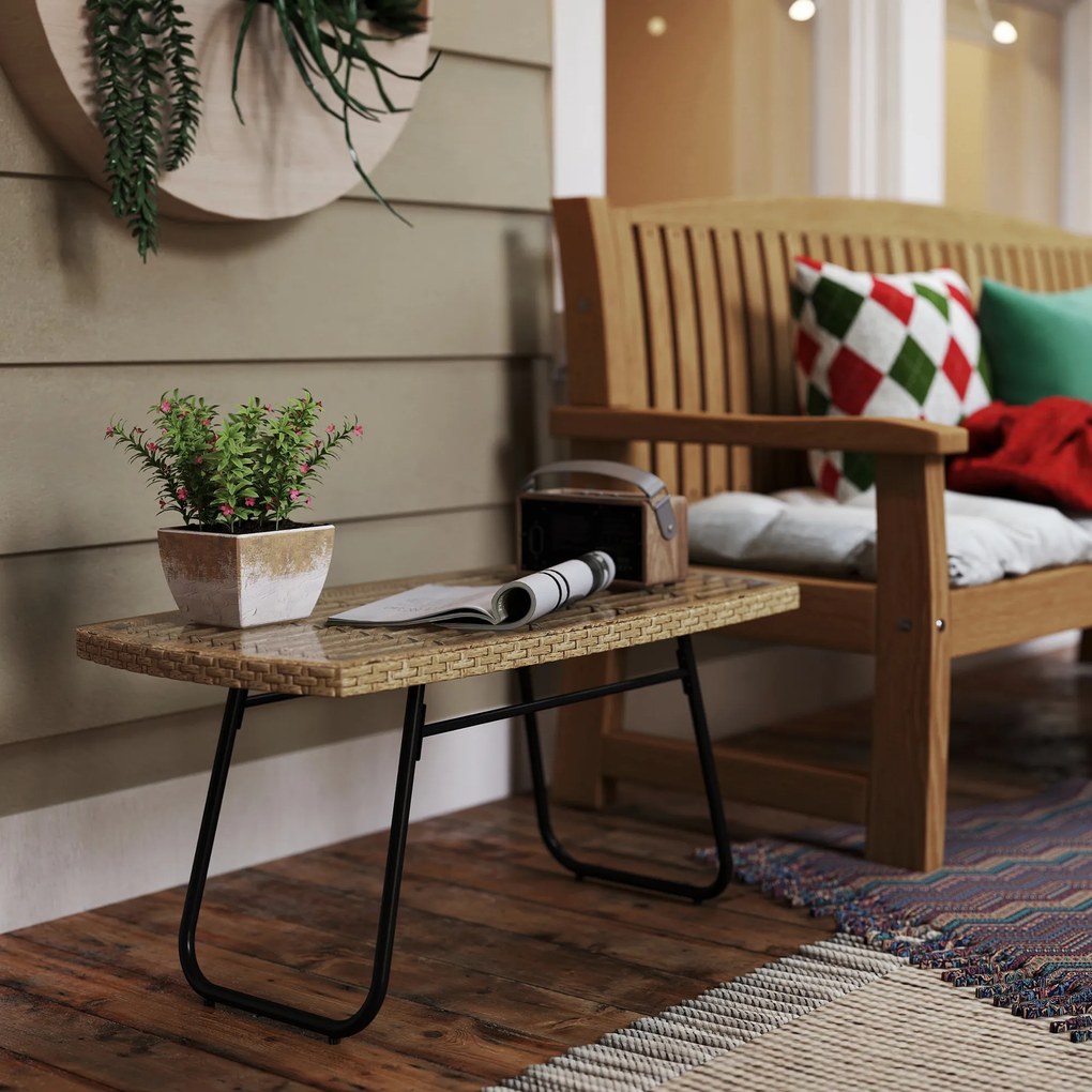 Outsunny Stolik Ogrodowy z Polirattanu, 90 x 50 x 45 cm, UV-Odporny z Blatem ze Szkła Naturalny