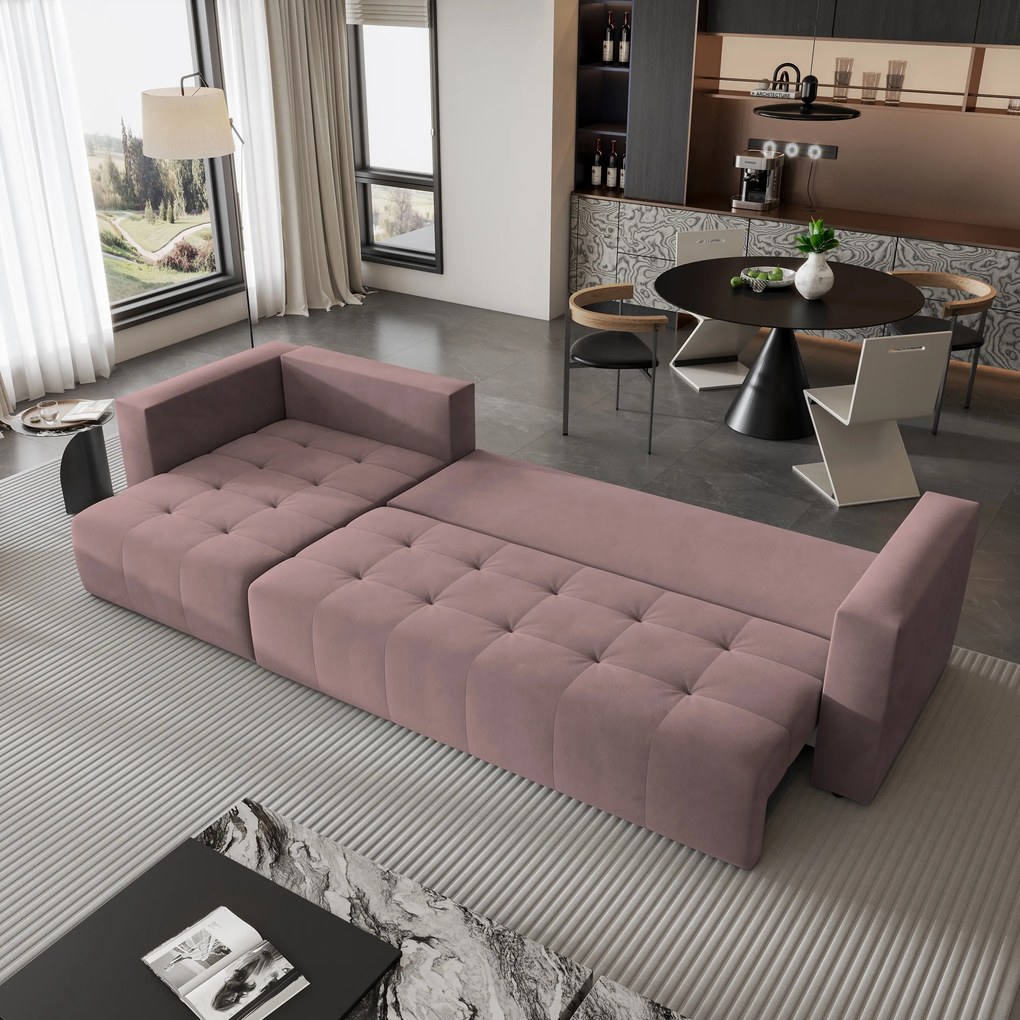 Masseno Narożnik OLVERA z funkcją spania i pojemnikiem na pościel Narozniki L, Rozkładana sofa - Pudrowy róż, KRONOS 27