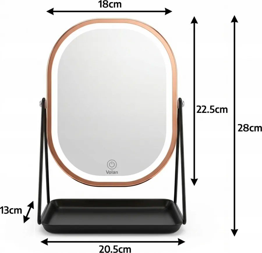 Lusterko Do Makijażu PREMIUM METALOWE Kosmetyczne PODŚWIETLANE LED | VOLAN