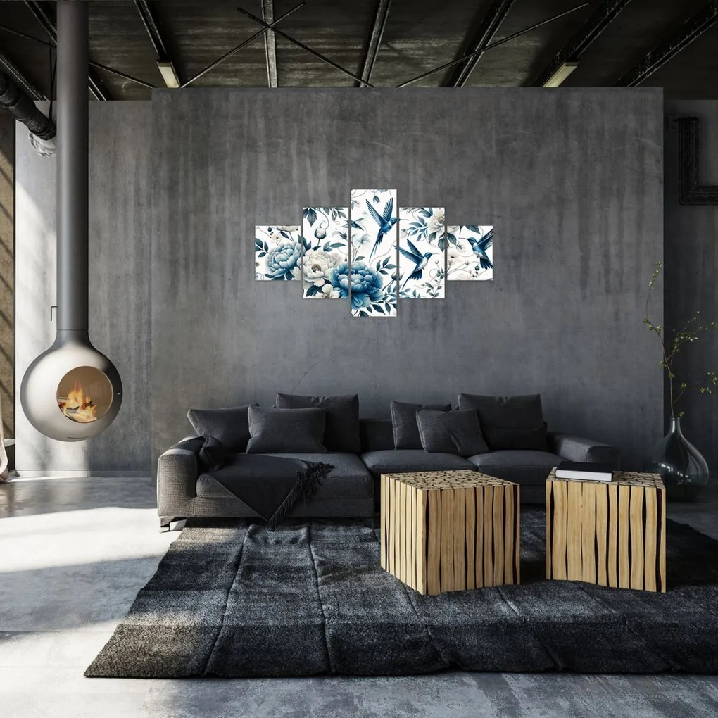 Obraz - Kolibry z kwiatami (125x70 cm)