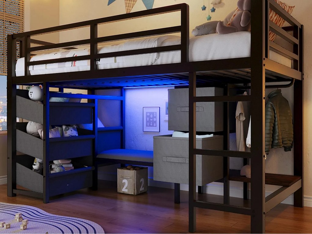 Łóżko na antresoli 90x200cm - z 2 szufladami - z materiałowymi kieszeniami do przechowywania - z oświetleniem LED - czarny​ (materac nie jest wliczony w cenę)