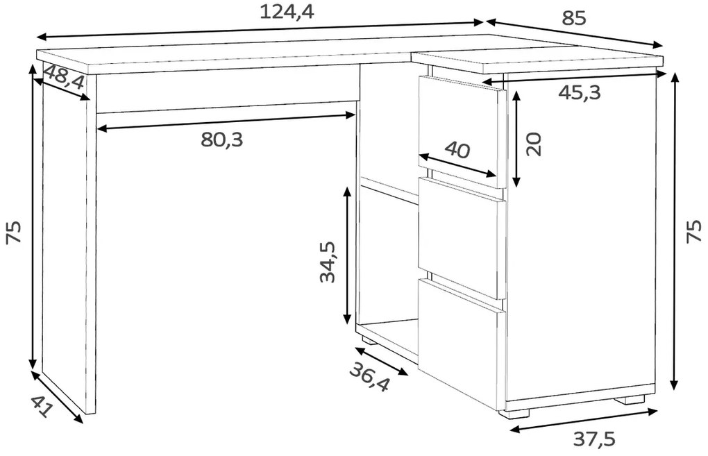 Białe narożne biurko z szufladami i półkami 40x12x4 E8-P31