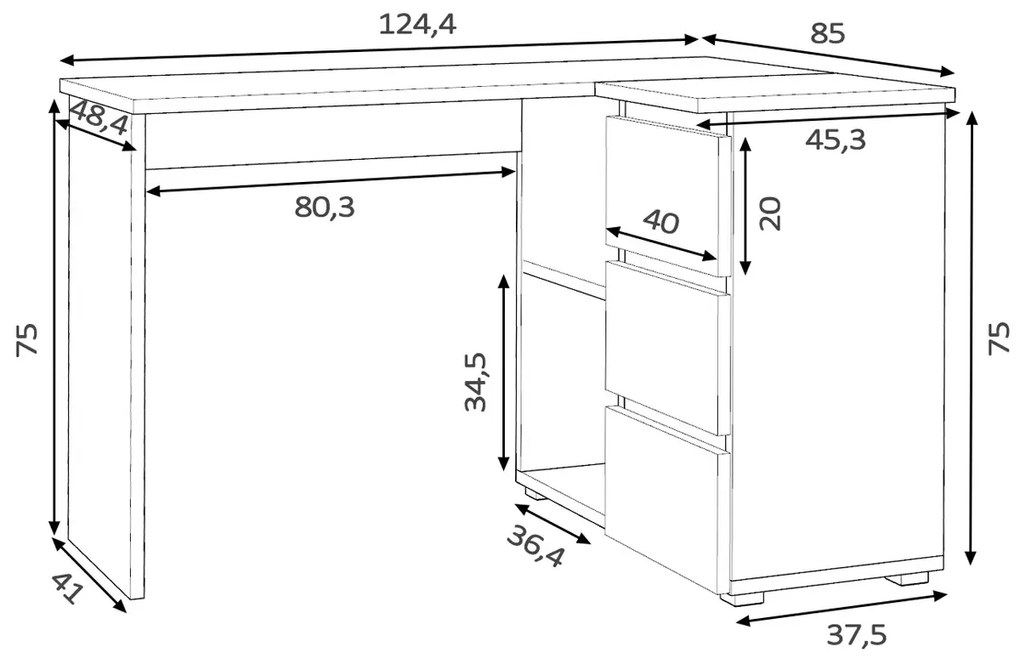 Białe narożne biurko z szufladami i półkami Cortina 7W 40x12x4