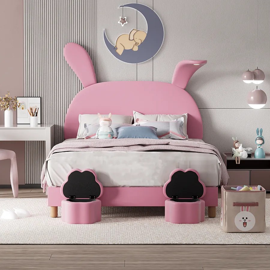 Łóżko dla dzieci 140 x 200 cm - z oświetleniem LED, dnem z listew - aksamitne - różowe - bez materaca