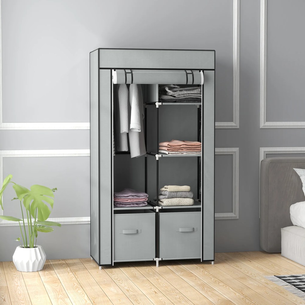 HOMCOM Szafa z Tkaniny Kleiderschrank 1 Drążek na Wieszaki, 2 Szuflady, 83 x 42.5 x 162.5 cm, Szary
