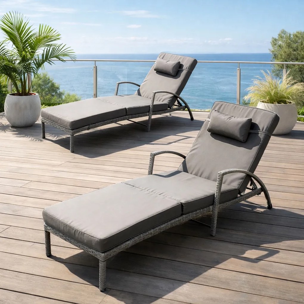 Zestaw 2 leżaków ogrodowych technorattan Ravello XL2505, szary, poduszki szare
