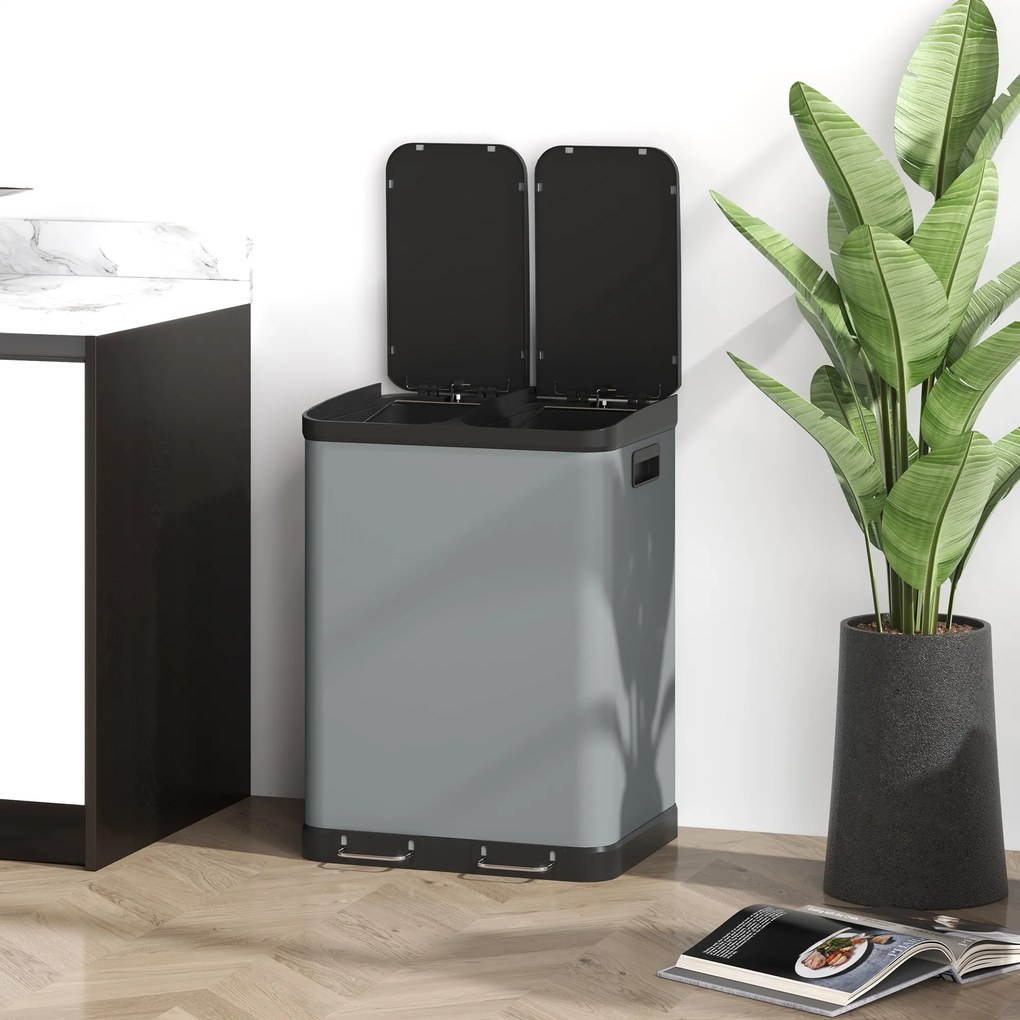 HOMCOM Śmietnik z podwójną komorą, 2 x 30L, odporny na odciski palców, pedał, wyjmowane wewnętrzne kosze, Szary