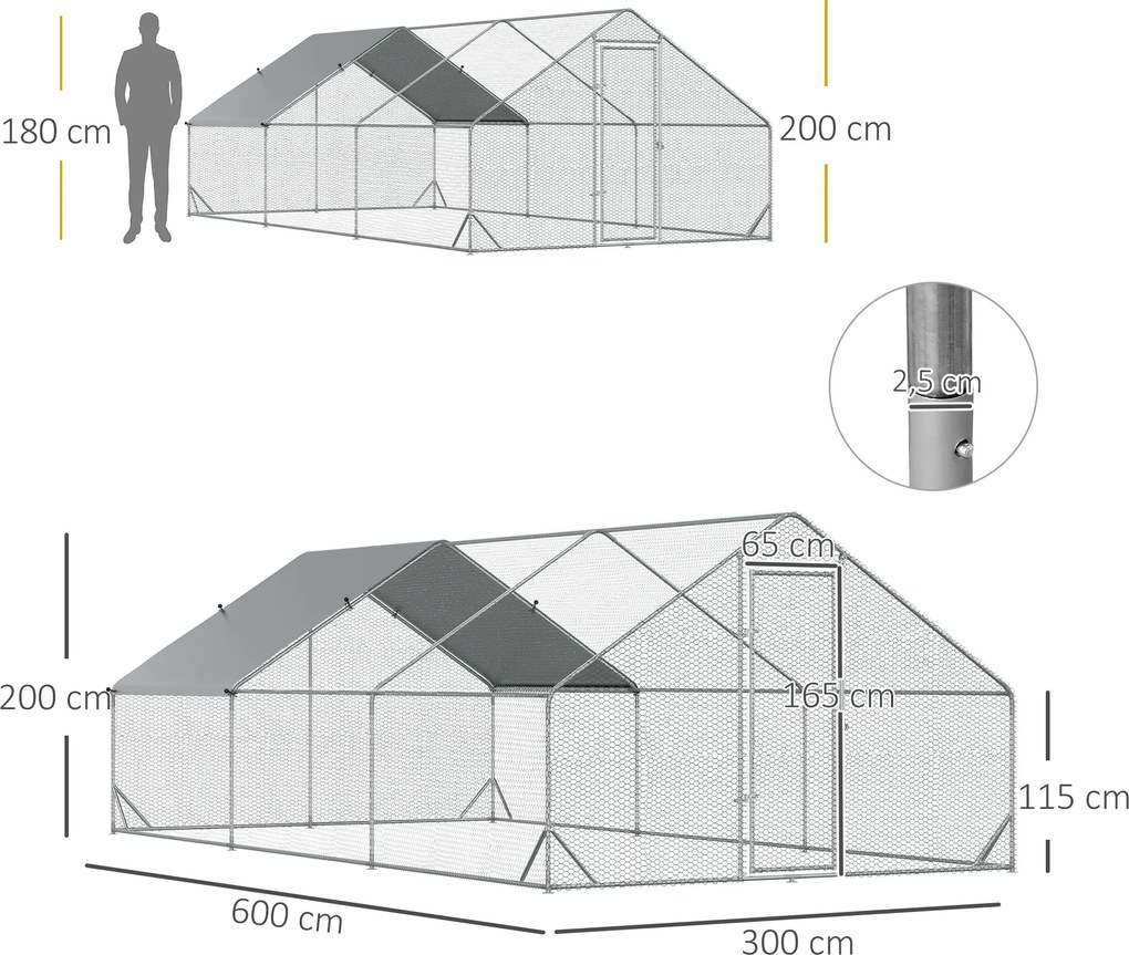 PawHut PewHut XXL kurnik zewnętrzny z kloszem stalowym 3 x 6 x 2 m