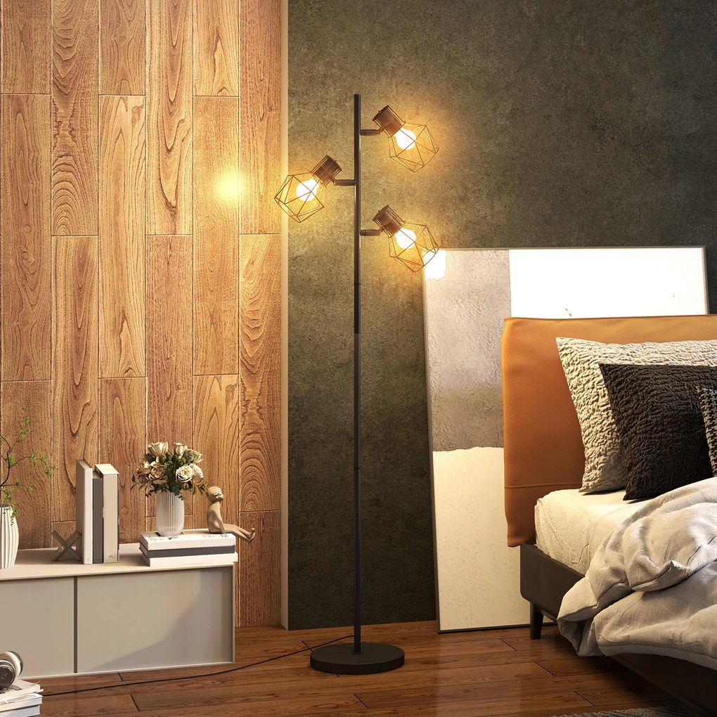 HOMCOM Lampa stojąca z 3 regulowanymi elementami oświetleniowymi, struktura przypominająca drzewo, do salonu i sypialni, metal, Kolor Czarny