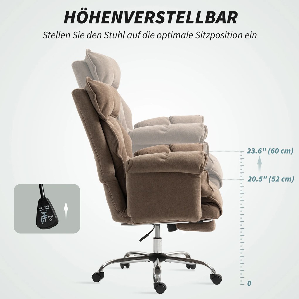 HOMCOM Ergonomiczny fotel biurowy, regulowane oparcie, podnóżek, miękki materiał, Jasnobrązowy