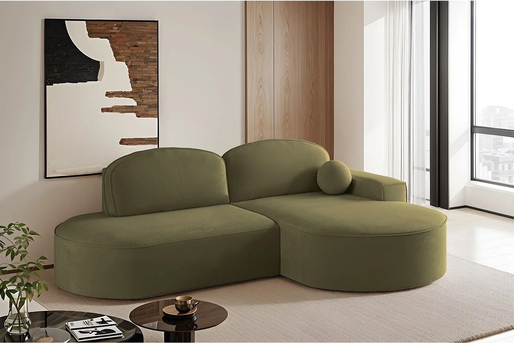 Narożnik z funkcją spania i pojemnikiem Modena Runden, tkanina Salvador, Oliwkowy, Prawy