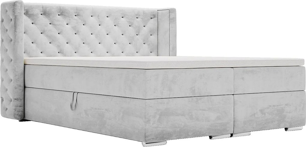Emporius Valencia Box łóżko kontynentalne 180x200 - topper, materac H3, pojemnik - łóżko małżeńskie, tkanina aksamitna, jasny szary (Magic Velvet 2218)