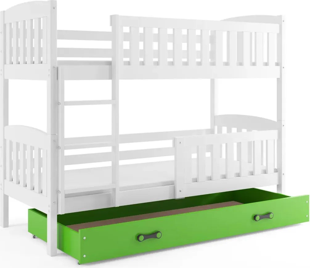 Białe łóżko piętrowe z zieloną szufladą 90x200 W5-S16