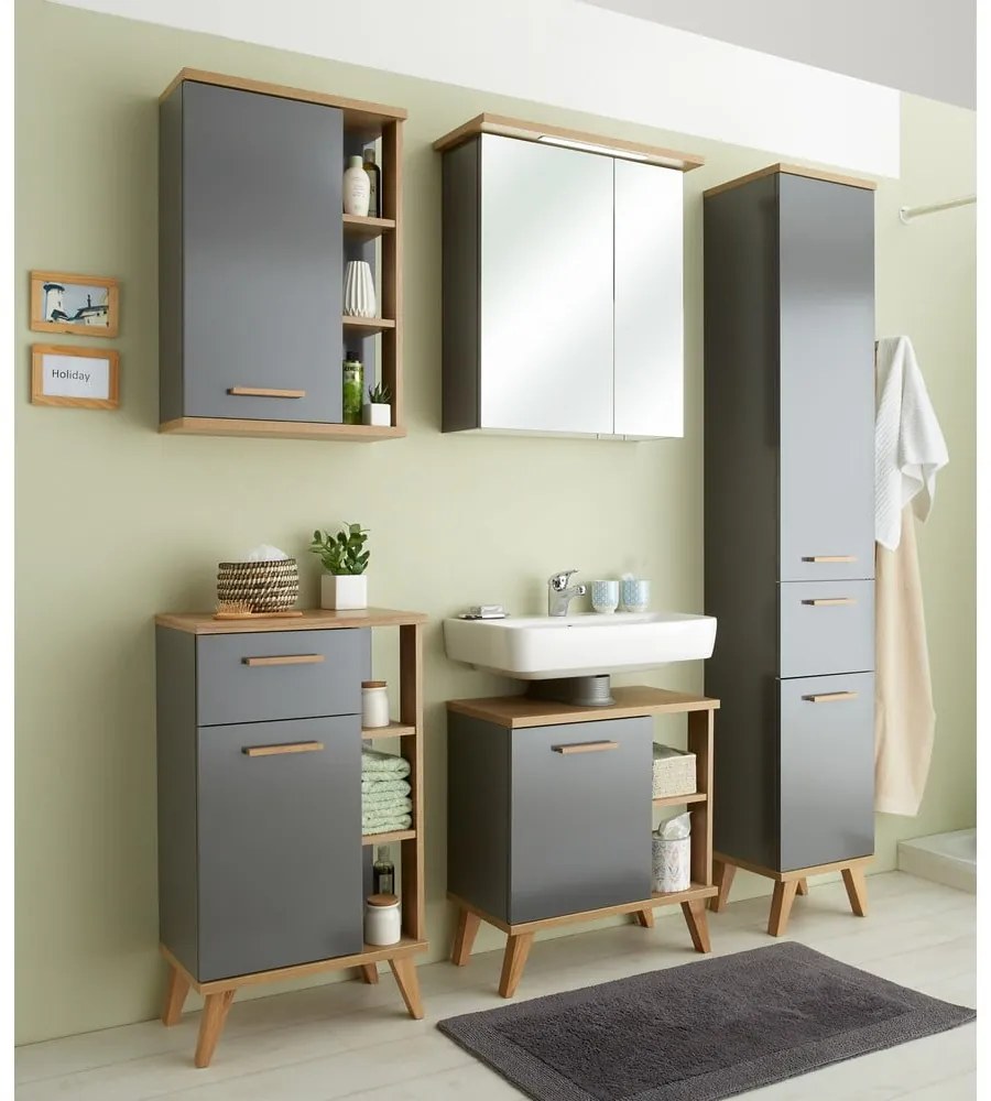 Szara szafka pod umywalkę w dekorze dębu 60,5x65 cm Quickset 924 – Pelipal