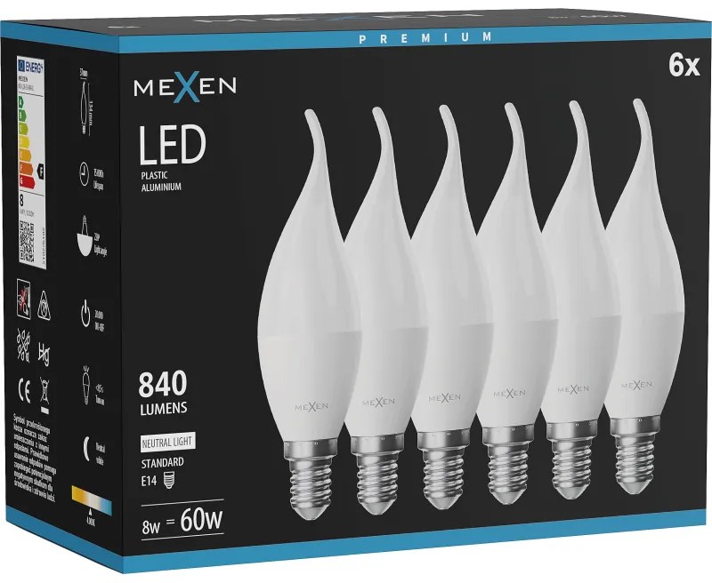 Mexen Nova 6x żarówka LED płomyk E14, C37, 8W, Neutralna - 4000K, 840 lm - L106-E14-0840-01x06