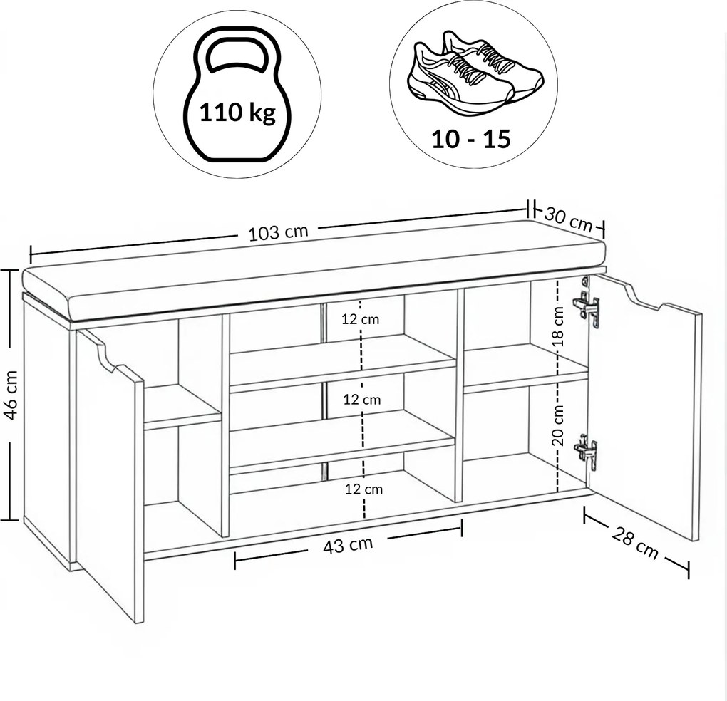 Szafka na buty z siedziskiem PORTA, 103 x 30 x 46 cm