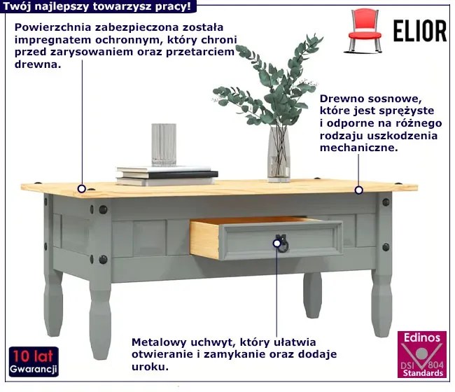 Drewniany stolik kawowy z szufladą szary + miodowy brąz P1-T19