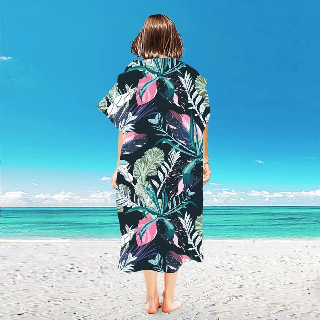 Ponczo plażowe NIGHT BLOSSOM czarne 80x145 cm