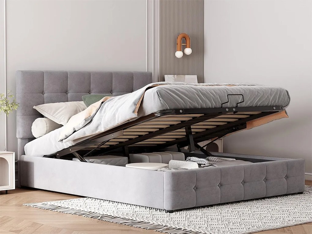 Łóżko z tapicerowanym stelażem - 140x200cm - materiał welurowy - regulowane wezgłowie w wzór blokowy - Szary